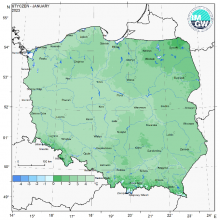 Przestrzenny rozkład średniej miesięcznej temperatury powietrza w styczniu 2023 r.