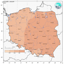 Przestrzenny rozkład anomalii średniej miesięcznej temperatury powietrza w styczniu 2023 r. w stosunku do normy (tj. średniej miesięcznej wartości wieloletniej elementu w okresie 1991-2020).