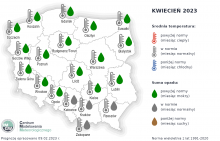 Prognoza średniej miesięcznej temperatury powietrza i miesięcznej sumy opadów atmosferycznych na kwiecień 2023 r. dla wybranych miast w Polsce.