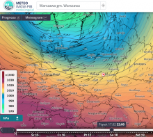 Rozkład ciśnienia atmosferycznego w piątek 17.02.2023 r. o godz. 22:00, wg modelu GFS. | https://meteo.imgw.pl/