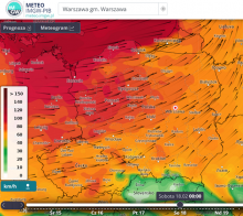 Prognozowana prędkość porywów i kierunku wiatru w nocy z piątku na sobotę (17/18.02.2023 r.), wg modelu GFS. | https://meteo.imgw.pl/