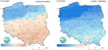 Anomalia prognozy TMAX (2023-03-10) względem notowanych charakterystyk wieloletnich (1991-2020): ALARO-AVETMAX – ALARO-wartość średnia TMAX (po lewej), ALARO-Q95TMAX – ALARO-kwantyl 95% TMAX (po prawej).