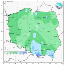 Przestrzenny rozkład miesięcznej sumy opadów w lutym 2023 r. 