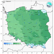 Przestrzenny rozkład średniej miesięcznej temperatury powietrza w lutym 2023 r.