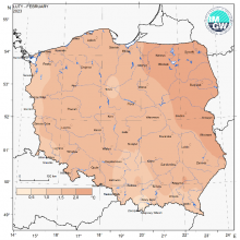 Przestrzenny rozkład anomalii średniej miesięcznej temperatury powietrza w lutym 2023 r. w stosunku do normy (tj. średniej miesięcznej wartości wieloletniej elementu w okresie 1991-2020).