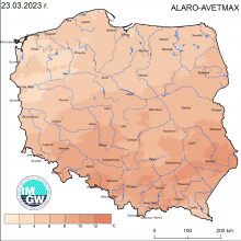 Anomalia prognozy TMAX (2023-03-23) względem notowanych charakterystyk wieloletnich (1991-2020): ALARO-AVETMAX – ALARO-wartość średnia TMAX.