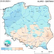 Anomalia prognozy TMAX (2023-03-23) względem notowanych charakterystyk wieloletnich (1991-2020): ALARO-Q95TMAX – ALARO-kwantyl 95% TMAX.