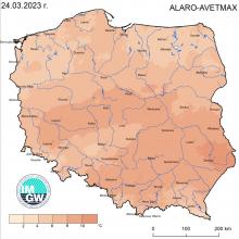 Anomalia prognozy TMAX (2023-03-24) względem notowanych charakterystyk wieloletnich (1991-2020): ALARO-AVETMAX – ALARO-wartość średnia TMAX.