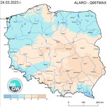 Anomalia prognozy TMAX (2023-03-24) względem notowanych charakterystyk wieloletnich (1991-2020): ALARO-Q95TMAX – ALARO-kwantyl 95% TMAX.