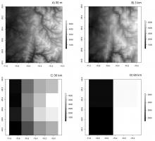 Rys. 5. Numeryczny model terenu (DEM) środkowych Andów w różnych rozdzielczościach (30 m, 4 km, 30 km i 60 km). Warto zwrócić uwagę, że najwyższe wzniesienie przekracza 5000 m przy 30 m i tylko 3500 m przy rozdzielczości 60 km. Źródło: meteoexploration.com, Weather forecasts, the importance of model resolution, 2022