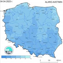 Anomalia prognozy TMIN (2023-04-04) względem notowanych charakterystyk wieloletnich (1991-2020): ALARO-AVETMIN – ALARO-wartość średnia TMIN.