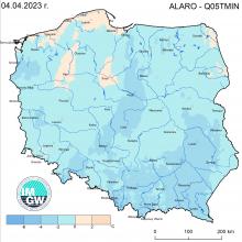 Anomalia prognozy TMIN (2023-04-04) względem notowanych charakterystyk wieloletnich (1991-2020): LARO-Q05TMIN – ALARO-kwantyl 5% TMIN.