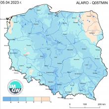 Anomalia prognozy TMIN (2023-04-05) względem notowanych charakterystyk wieloletnich (1991-2020): ALARO-Q05TMIN – ALARO-kwantyl 5% TMIN.