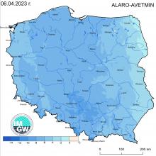 Anomalia prognozy TMIN (2023-04-06) względem notowanych charakterystyk wieloletnich (1991-2020): ALARO-AVETMIN – ALARO-wartość średnia TMIN.