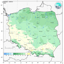 Przestrzenny rozkład średniej miesięcznej temperatury powietrza w marcu 2023 r.