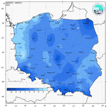 Przestrzenny rozkład wartości kwantyla 5% minimalnej temperatury powietrza w marcu 2023 r.