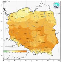 Przestrzenny rozkład średniej miesięcznej temperatury powietrza w lipcu 2023 r.