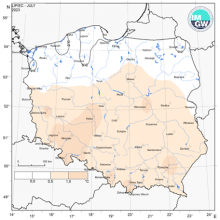 Przestrzenny rozkład anomalii średniej miesięcznej temperatury powietrza w lipcu 2023 r. w stosunku do normy (tj. średniej miesięcznej wartości wieloletniej elementu w okresie 1991-2020).