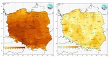 Przestrzenny rozkład wartości kwantyla 95% maksymalnej temperatury powietrza (po lewej) i kwantyla 5% minimalnej temperatury powietrza (po prawej) w lipcu 2023 r.