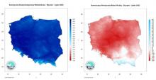 Przestrzenny rozkład skumulowanej sumy parowania potencjalnego w okresie styczeń-lipiec 2023 r. oraz przestrzenny rozkład klimatycznego bilansu wodnego.