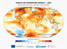 Anomalia średniej temperatury powietrza w 2023 w odniesieniu do średniej z wielolecia 1991-2020.